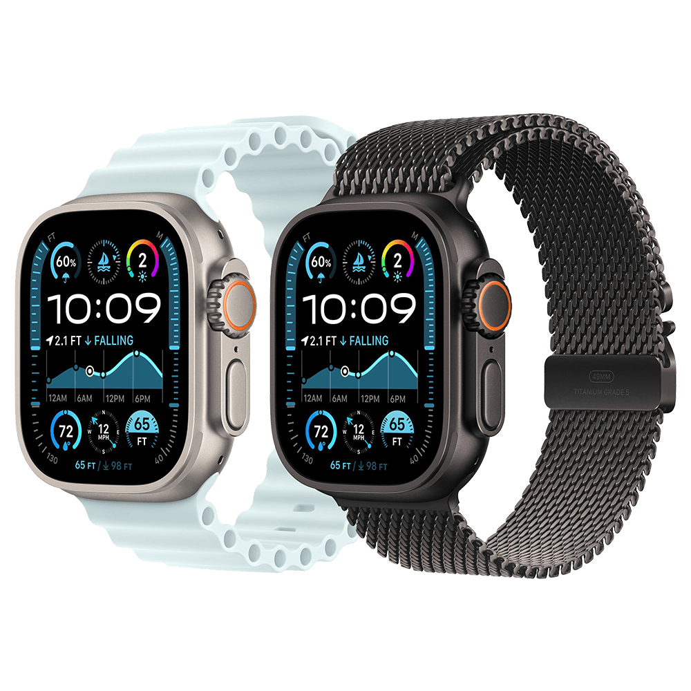 Two smartwatches with different band styles on a white background