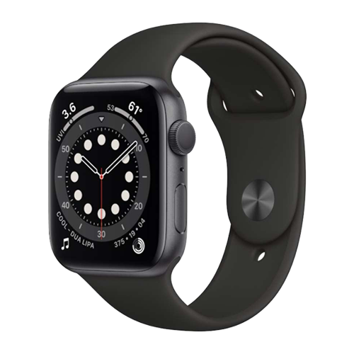 Black smartwatch with a black band on a white background