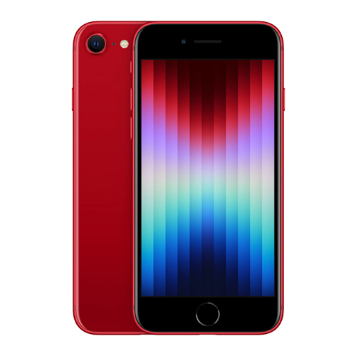 Red smartphone with a colorful display on a white background