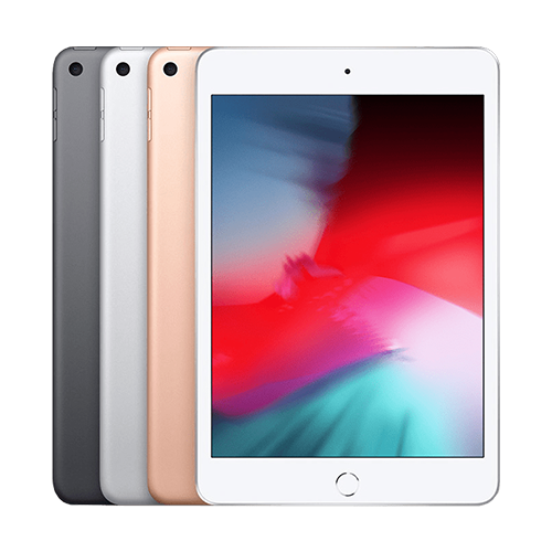 Four Apple iPads in different colors on a white background