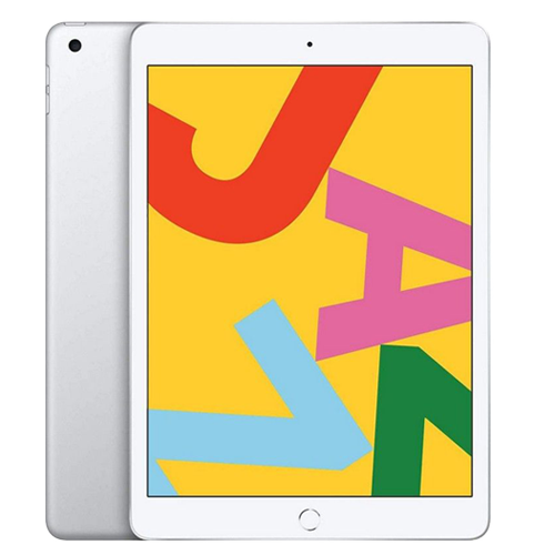 White tablet with colorful abstract design on a yellow background