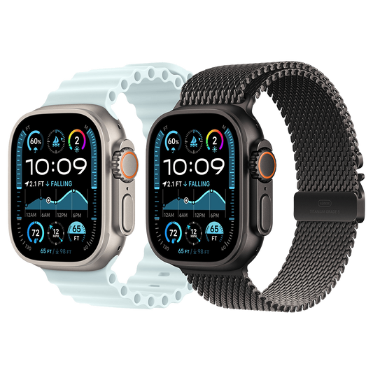 Two smartwatches with different band styles on a white background
