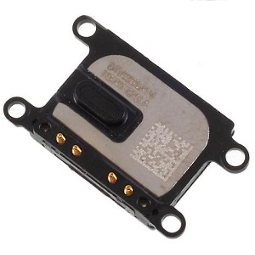 Electronic component with metallic finish and gold connectors on a white background