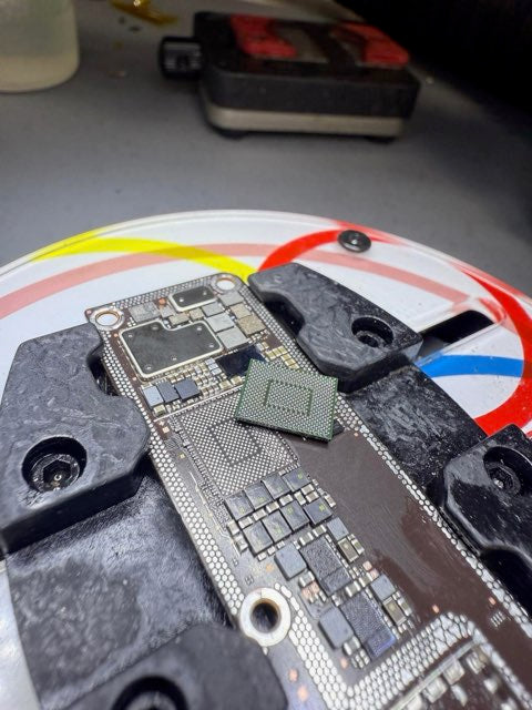 Close-up of a electronic circuit board with components on a blurred background