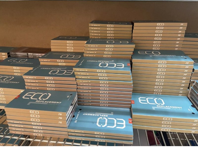 Stacks of ECO replacement parts on a shelf