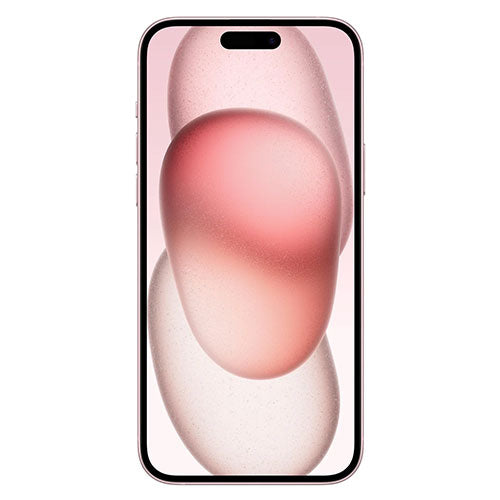 Smartphone with a pink and white abstract design on the screen against a white background