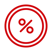 Red percentage symbol inside a red circle on a white background