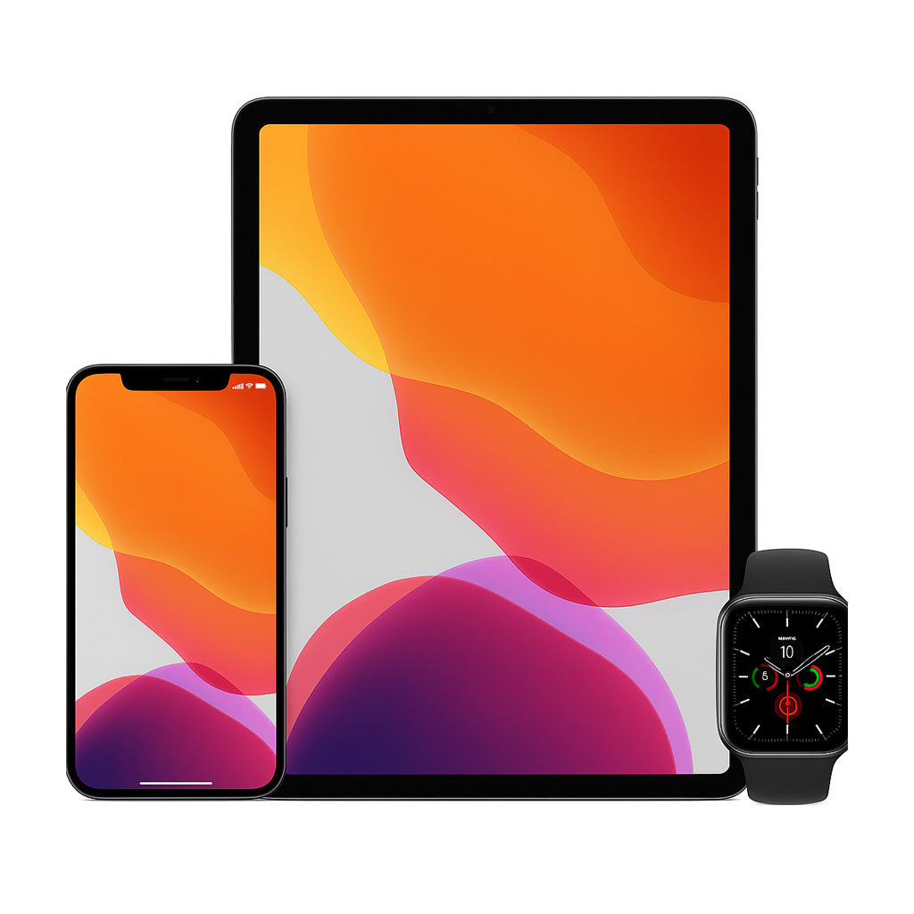 Smartphone, tablet, and smartwatch with colorful display on a white background