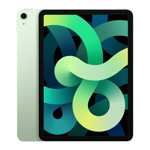 Green tablet with a colorful abstract design on the screen against a white background
