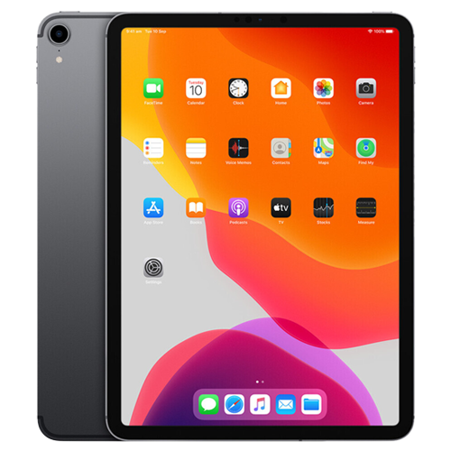 Black tablet with colorful app icons on the screen against a white background