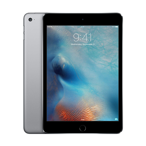 Tablet device with screen displaying a colorful wallpaper on a white background