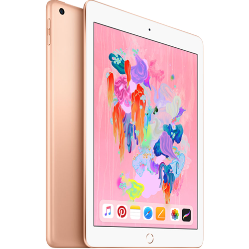 Gold tablet with colorful app icons on a white background