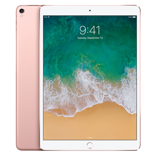 Rose gold iPad with a beach-themed wallpaper on a white background