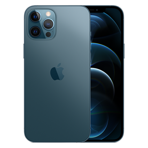 Blue iPhone with Apple logo on a white background