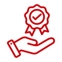 Red line drawing of a hand holding a ribbon with a check mark on a white background