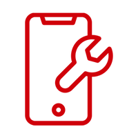 Red outline of a smartphone with a wrench icon on a white background