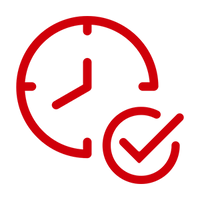 Red clock and check mark icon on a white background