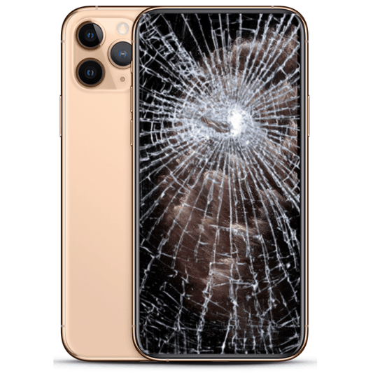 An iPhone 11 Pro Max with a cracked screen displaying a black and white screen.