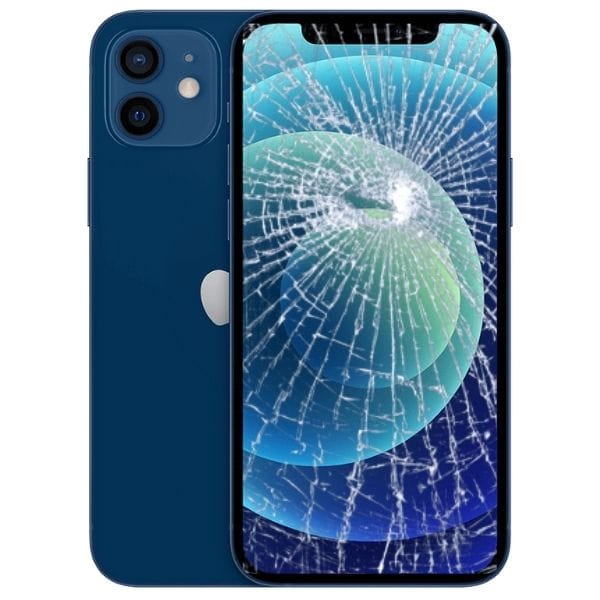 An iPhone 12 Mini with a blue back and a cracked OLED screen displaying a colorful wallpaper.