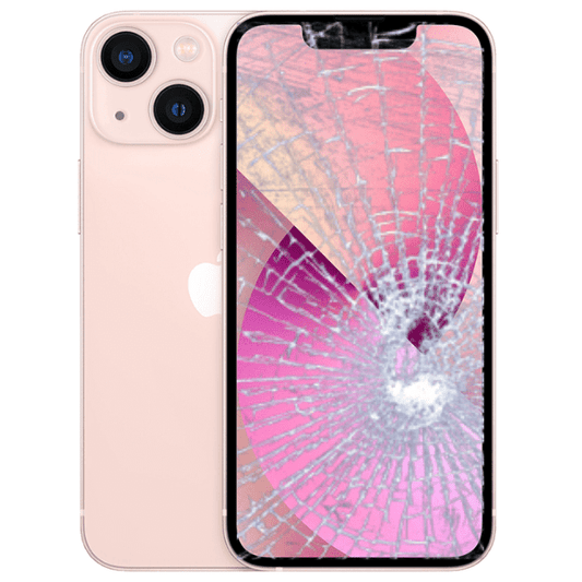 An iPhone 13 with a pink back and a cracked OLED assembly screen displaying a multicolored graphic.