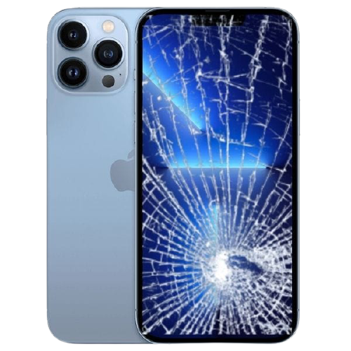 An iPhone 13 Pro Max with a cracked OLED screen displaying a blue wallpaper and the time and date.