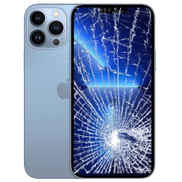 An iPhone 13 Pro with a cracked OLED assembly screen displaying a blue screen with a shattered pattern.