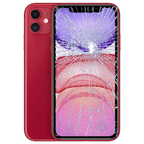 Red iPhone 11 with a cracked screen displaying a black and purple wallpaper.